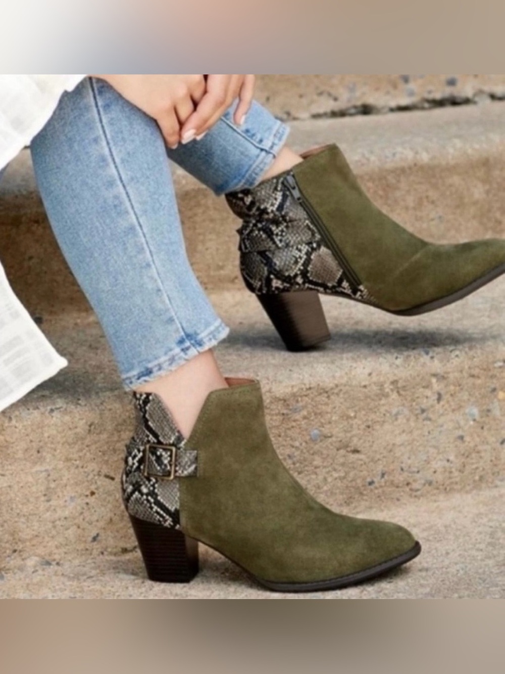 Vionic Olive Green Suede Ankle Boots with Snake-Print Heel